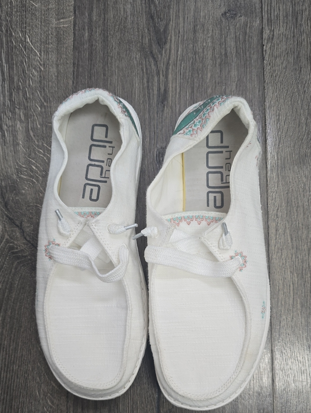 Hey Dude White Slip-On Shoes with Teal and Pink Embroidery